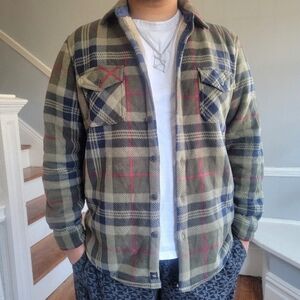 Men's Checkered Shirt Jacket - Olive and Red